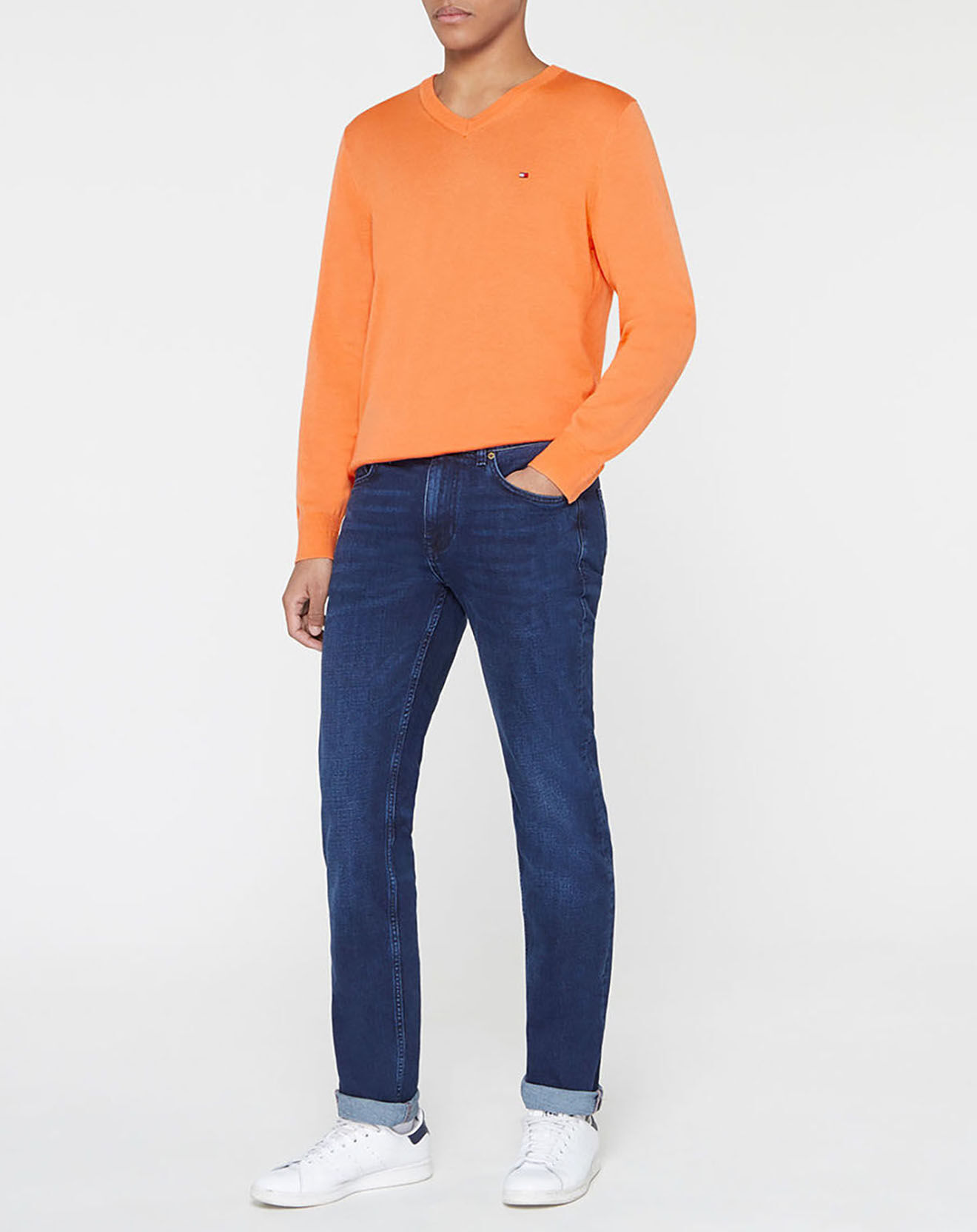 Tommy Hilfiger Pull col V en Coton Bio & Soie orange