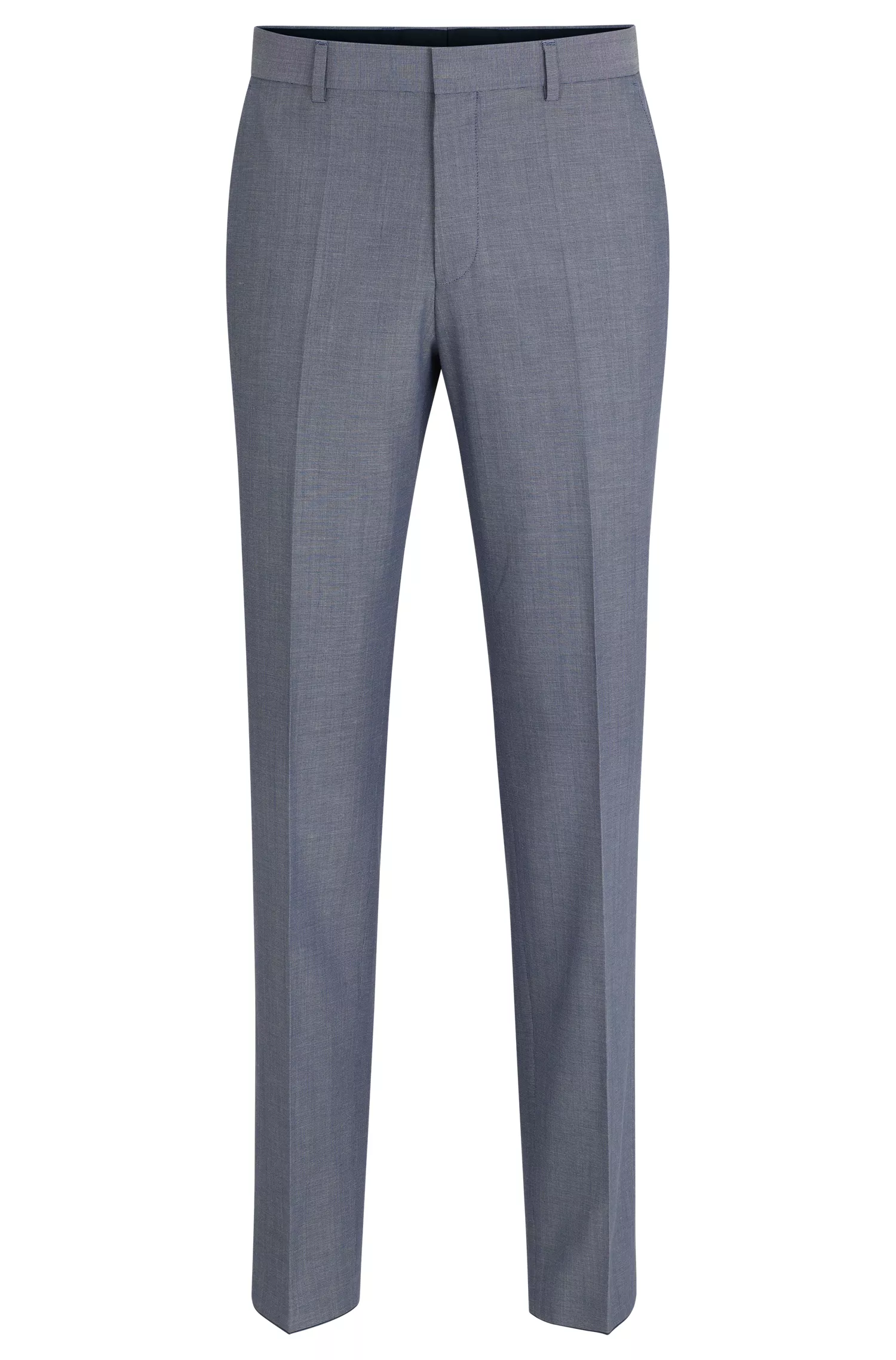 Calça BOSS preta, corte regular, em tecido elástico com microestampa.
