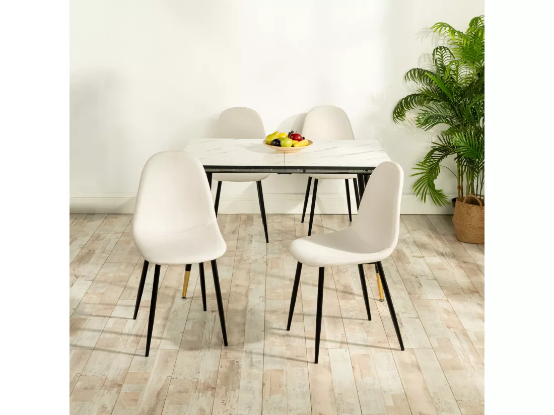 URBAN MEUBLE Table de salle à manger rectangulaire extensible blanche effet marbre de style scandinave pieds noir 120-160cm