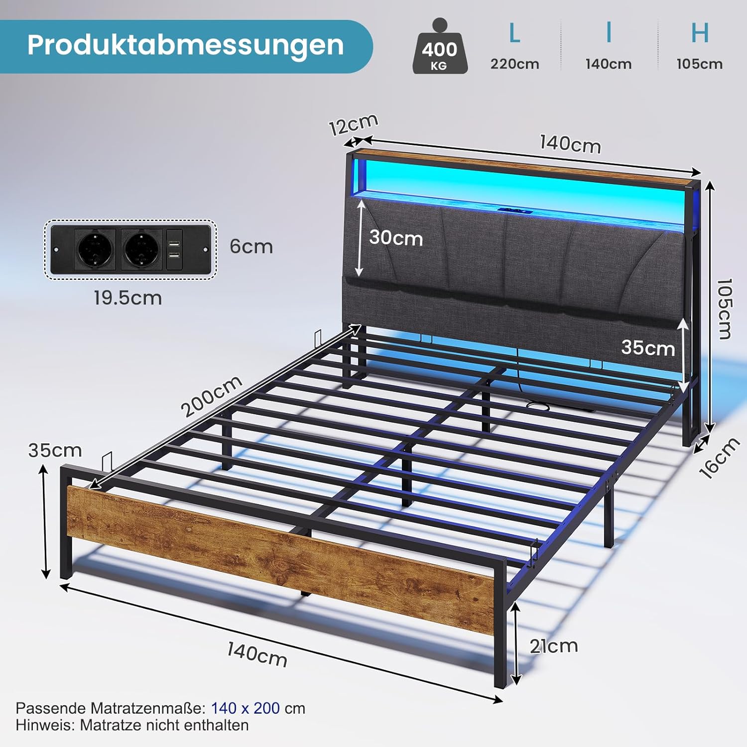 Bett 140x200 mit Lattenrost aus Metall, Bettgestell 140x200cm mit LED Beleuchtung Metallbett 140x200 mit Kopfteil & Ladestation(2 AC-Steckdosen& 2 USB-Anschlüsse) Jugendbett Doppelbett, Grau