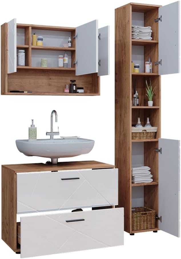 Vicco Badmöbel-Set Weiß Hochglanz/Goldkraft Eiche Irma, bestehend aus Bad Spiegelschrank, Waschbeckenunterschrank, Hochschrank - Versteckter Stauraum hinter eleganten Türen