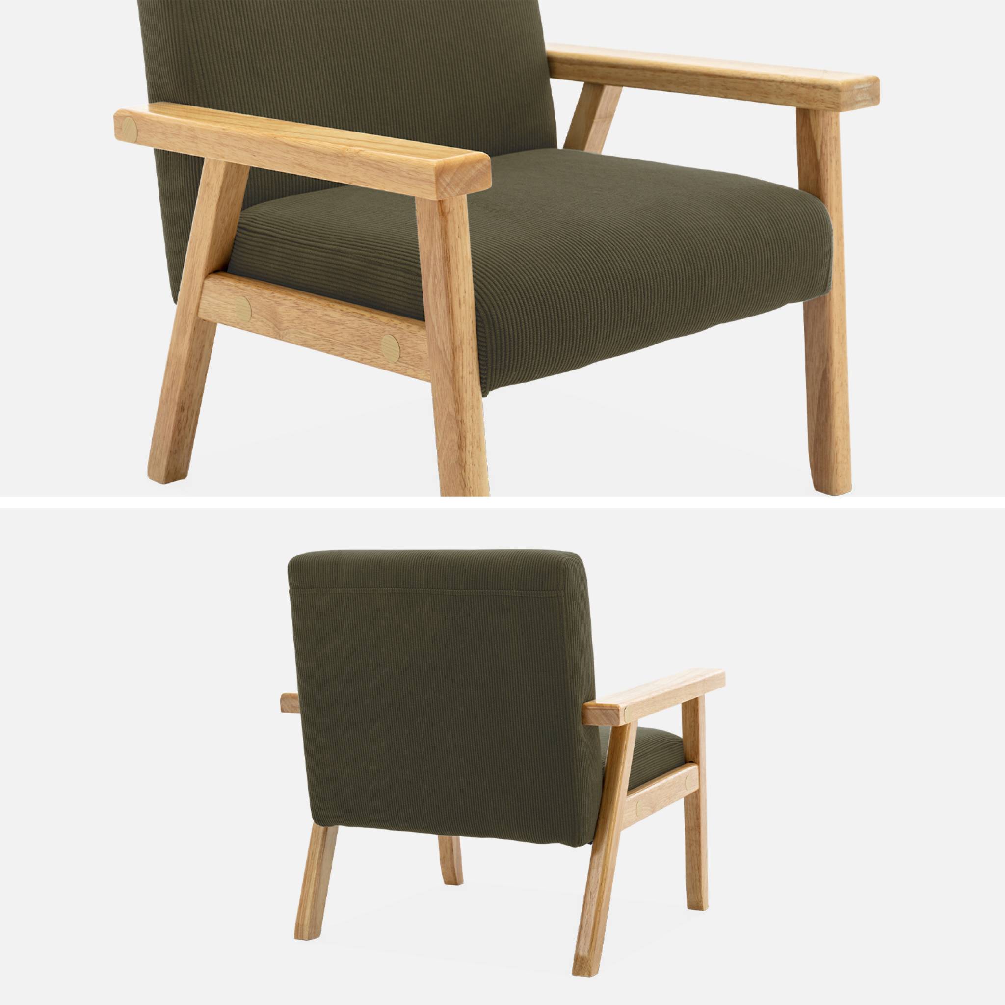 Fauteuil enfant en bois et velours côtelé kaki. Isak l 47 x p 43.5 x h 50cm