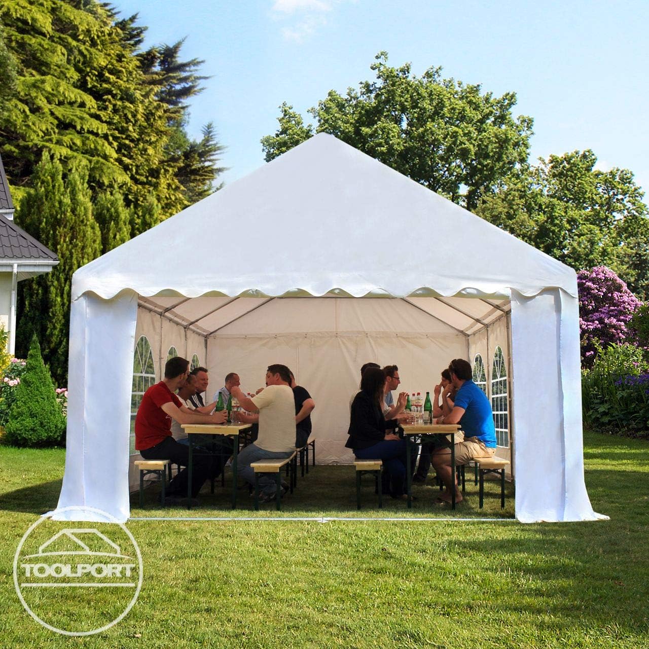TOOLPORT Festzelt Partyzelt 4x6 m schwerentflammbar Premium, hochwertige PVC Plane 750 N in weiß 100% wasserdicht mit Bodenrahmen