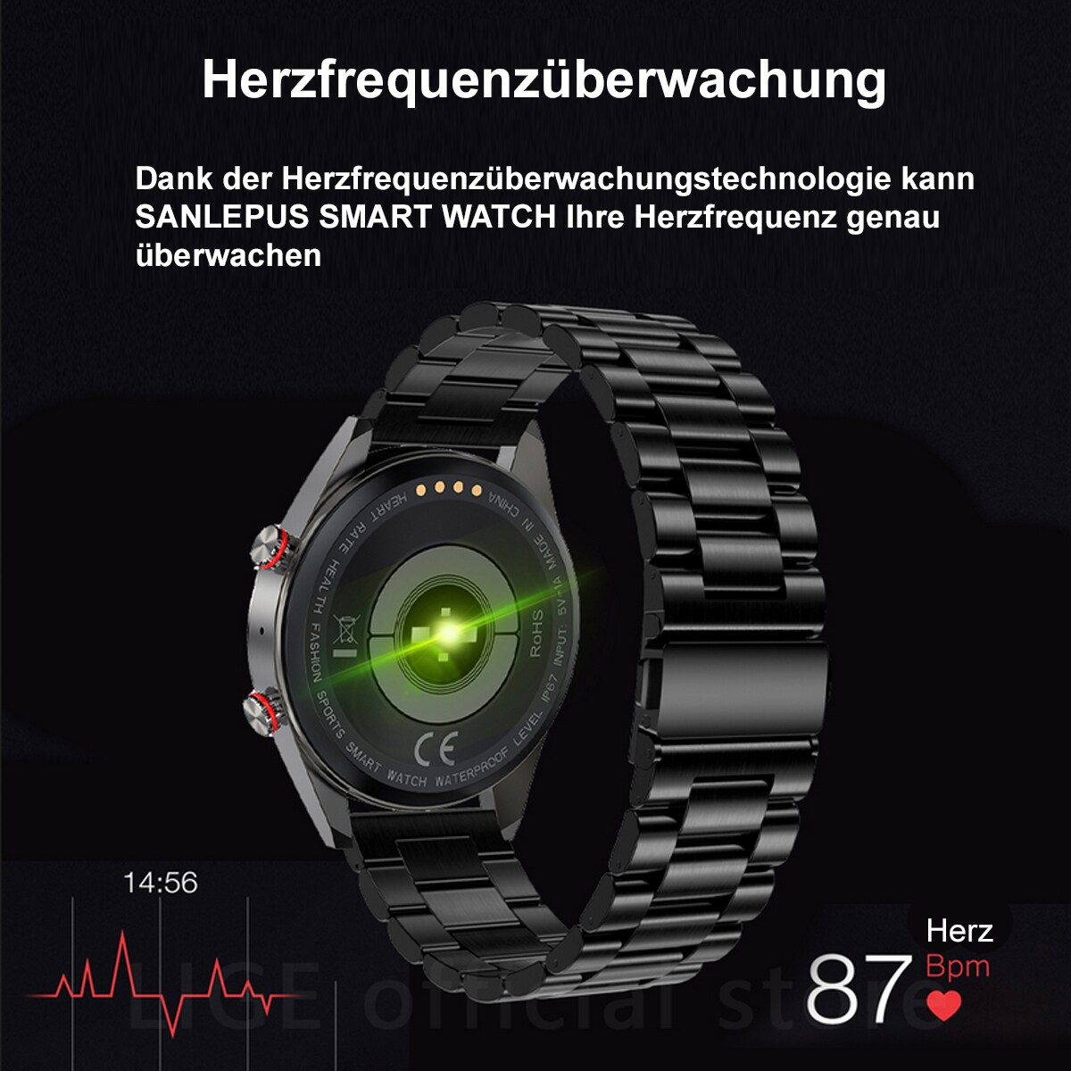 TPFNet Smart Watch / Fitness Tracker IP67 - Silikon Armband - Android & IOS - Schwarz