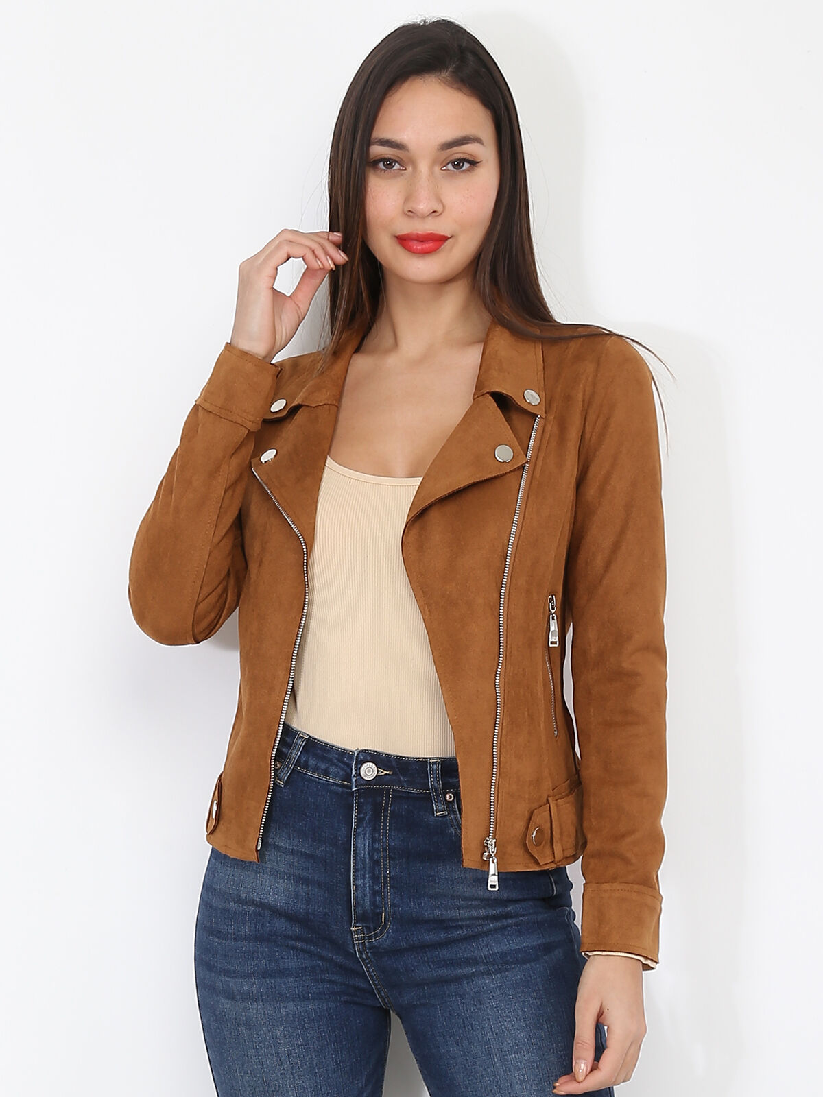 Blouson biker zippé en suédine- Camel foncé