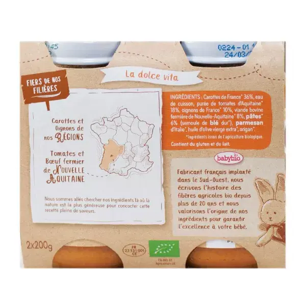 Babybio Petits Pots Légumes & Pâtes façon Bolognaise Bœuf fermier de Nouvelle-Aquitaine +6m Bio 2 x 200 g