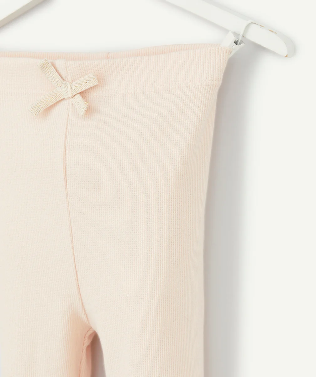 LEGGING CÔTELÉ FILLE EN COTON BIO ROSE PÂLE AVEC NOEUD COULEUR DORÉE