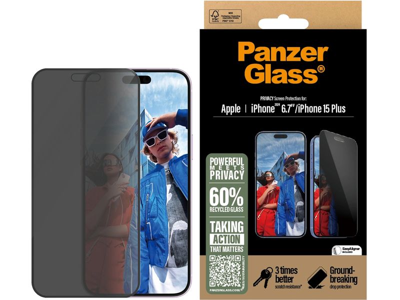 Panzerglass Displayschutz Ultra Wide Fit Privacy iPhone 15/ Privacy-Display-Schutzfolie für das Apple iPhone 15 Plus/iPhone 16 Plus