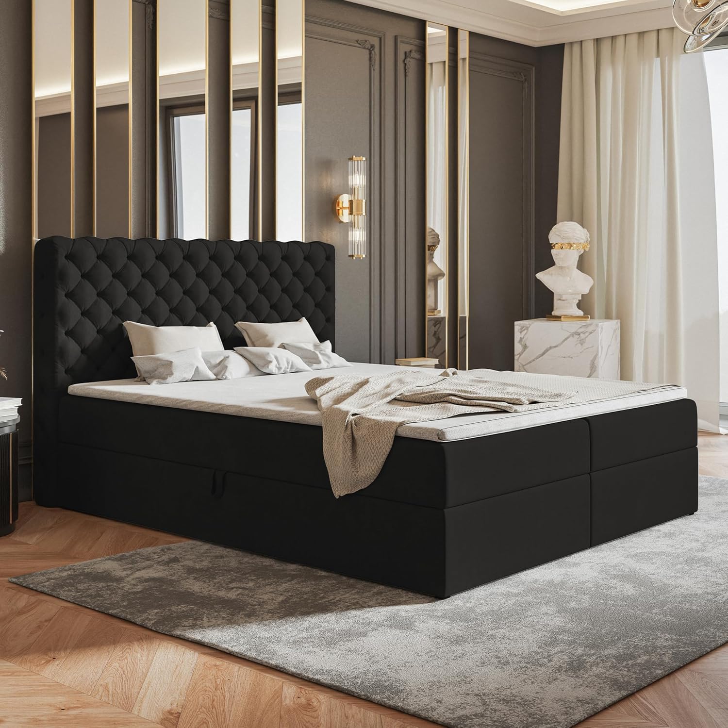 Nero Chesterfield Boxspringbett 140x200 mit Bettkasten und Topper, Polsterbett 140x200 mit Bettkasten, Bonell-Matratze (H4), Visco Topper (H2), Samt, Schwarz