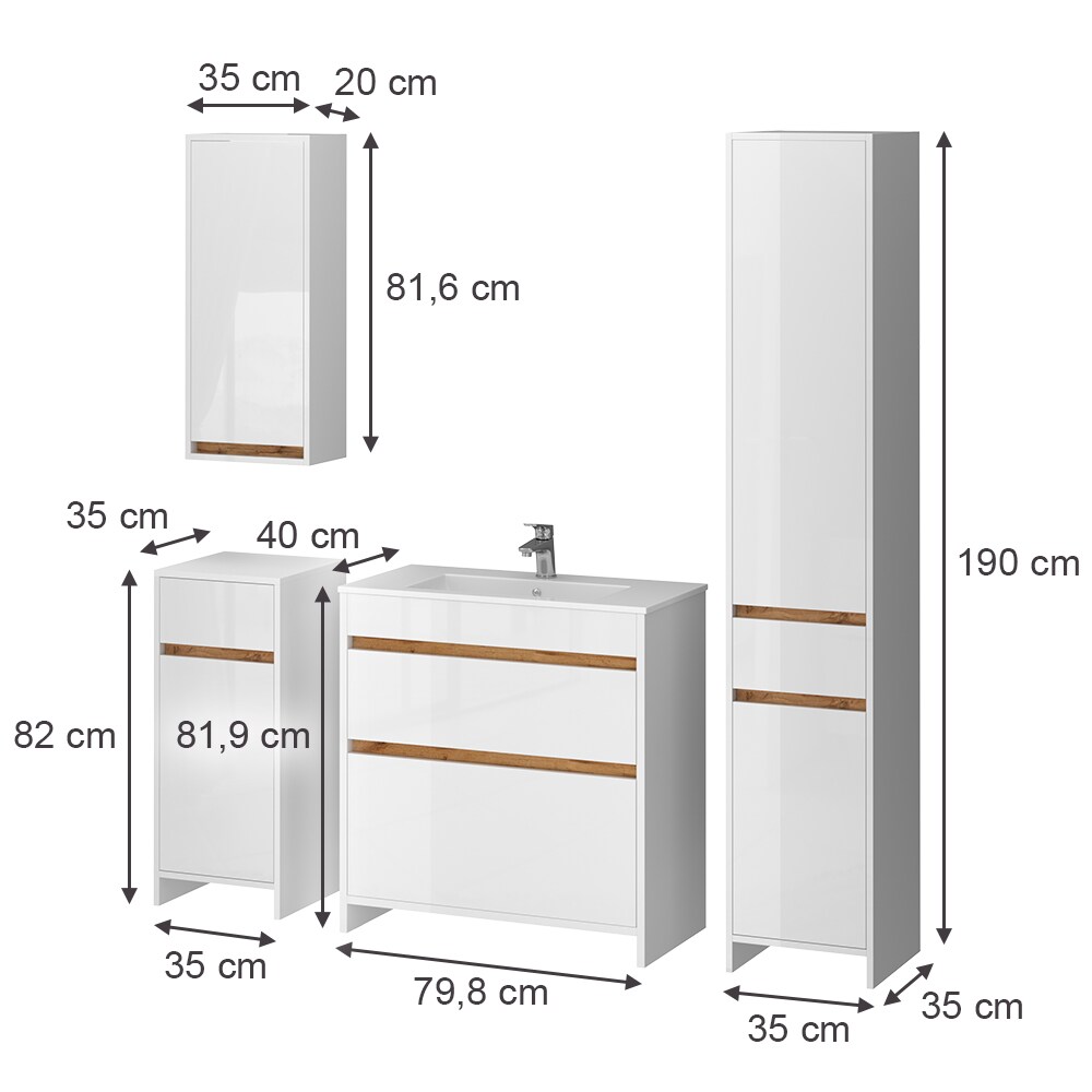 Vicco Badmöbel-Set Detmold Weiß Hochglanz Eiche 80 cm 5 Teile