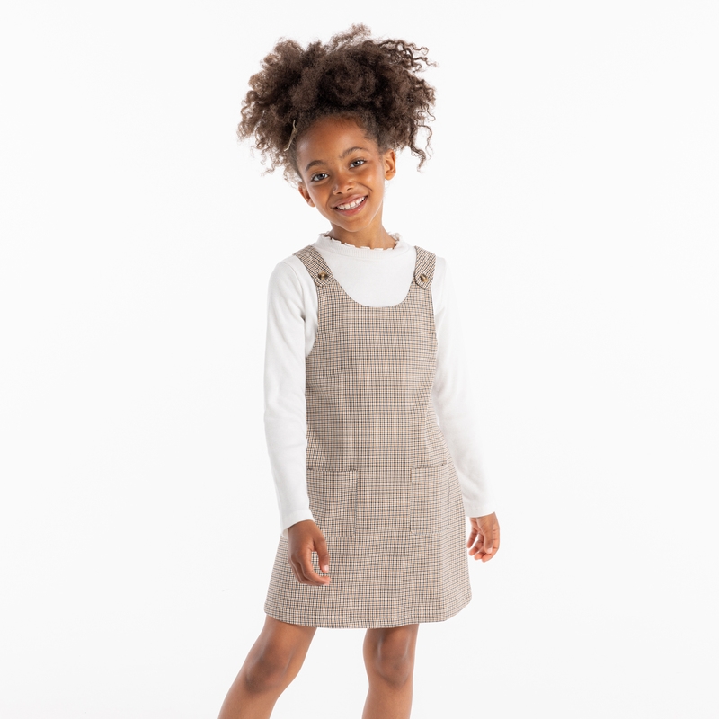 Robe chasuble à carreaux marron fille