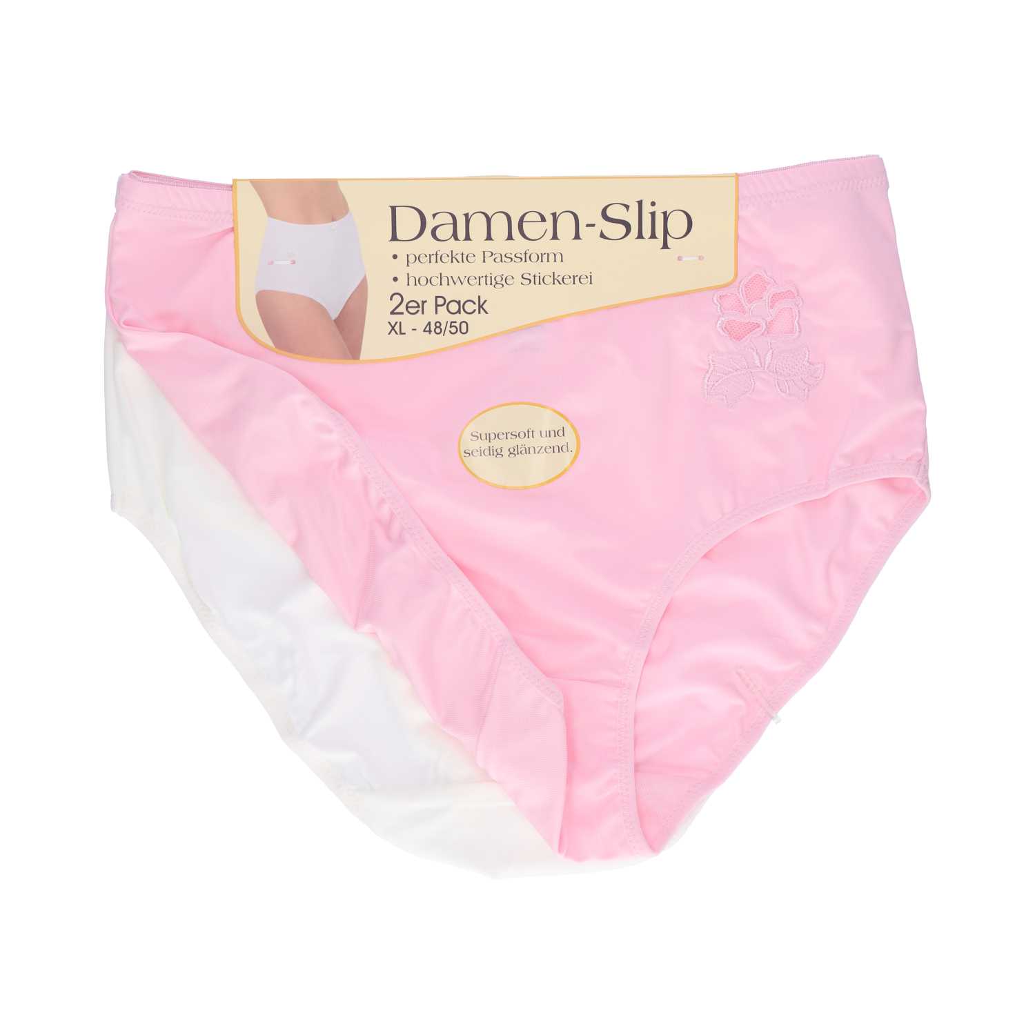 Damen Slip Microfaser mit Stickerei Gr. 40/42–52/54 pastellfarben 2er 6fach