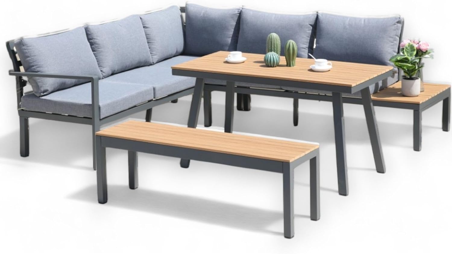 ALEOS. Gartenlounge Lounge Set aus Aluminium und echt Teakholz inklusive Bank Loungeecke Loungegarnitur Sitzgruppe Sofagarnitur Esstischlounge Brasilia grau anthrazit mit bequemen Kissen