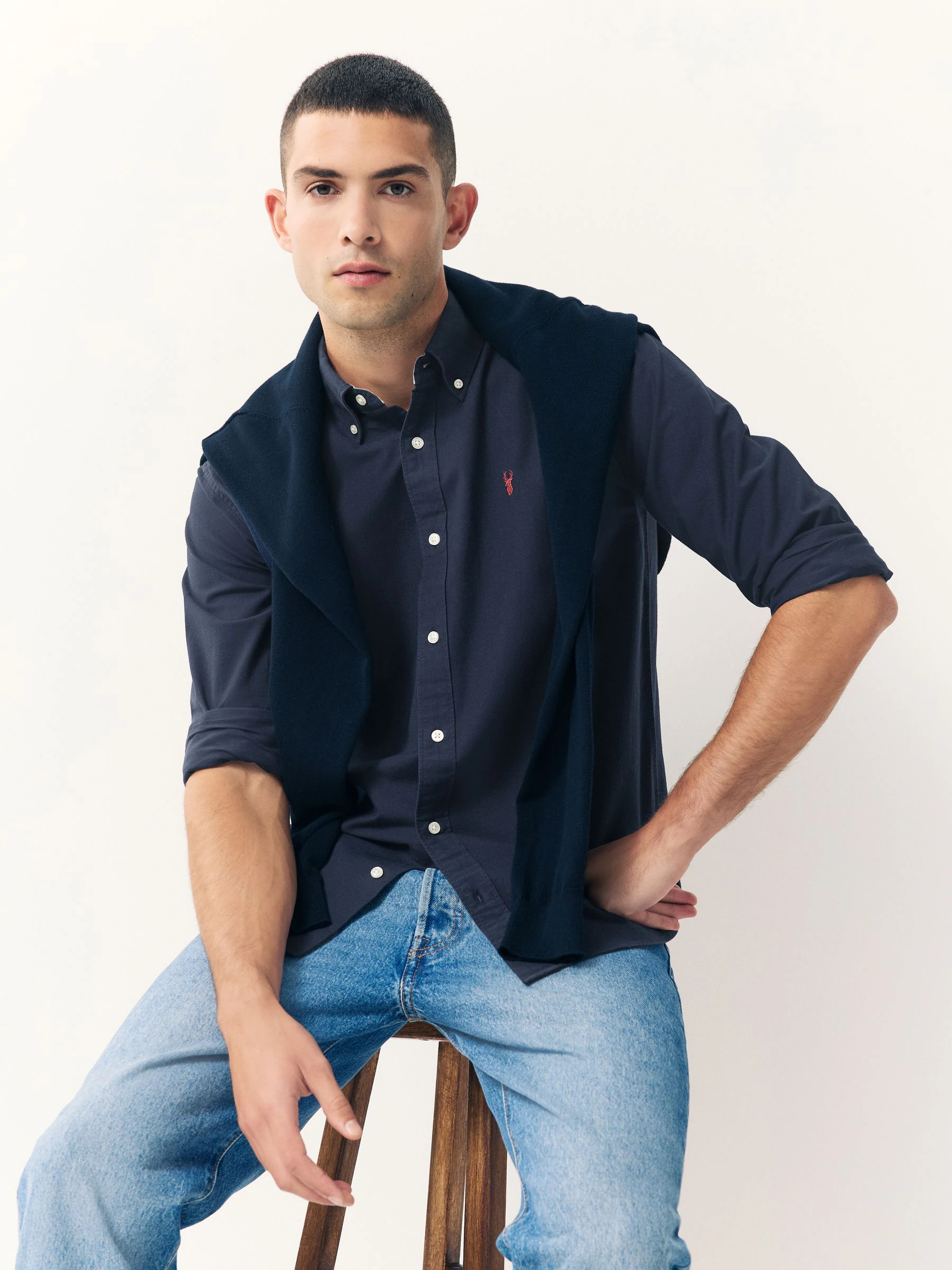 Donkerblauw - Slim Fit - Oxford-hemd met lange mouwen