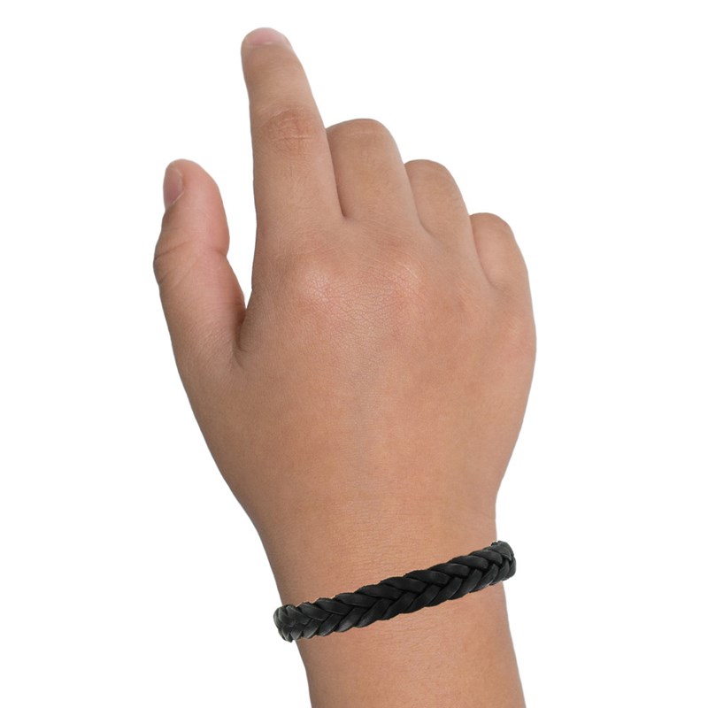 Bracelet Enfant Cuir Noir Tréssé Plat Fermoir Acier Inoxydable