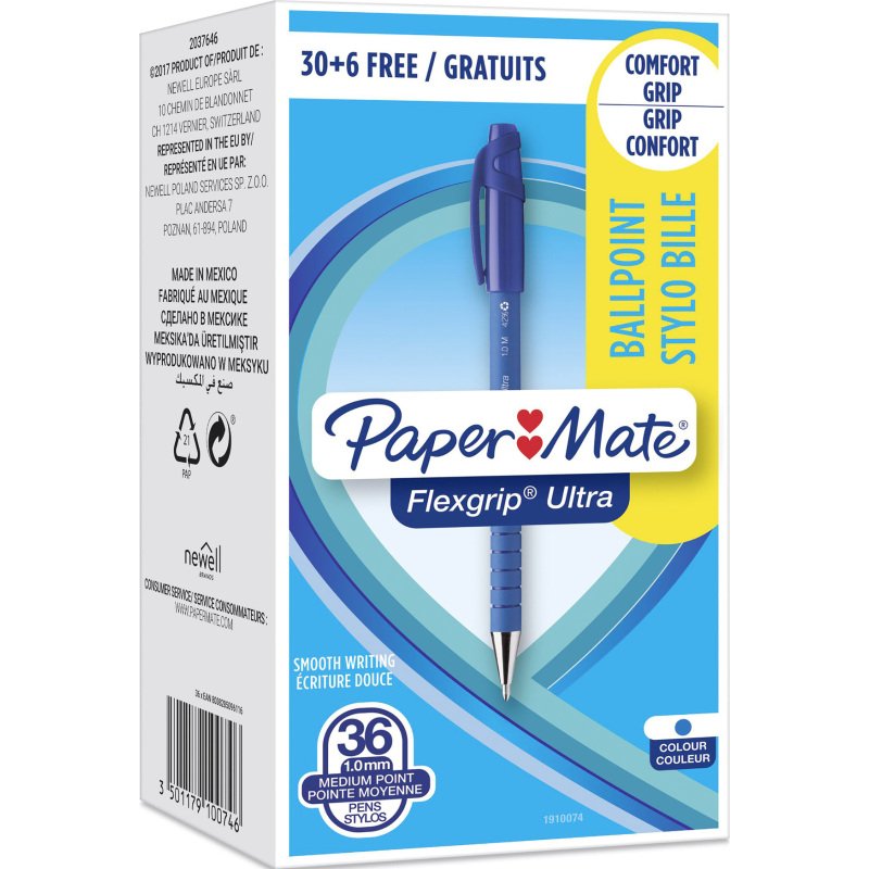 Pack de 30 stylos bille Flexgrip Ultra Paper Mate rétractables + 6 offerts