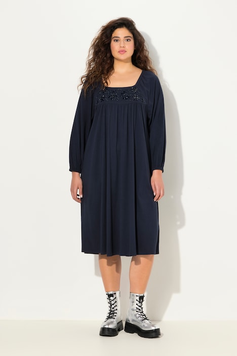 Tunika-Kleid, Ziersteine, Carree-Ausschnitt, Langarm