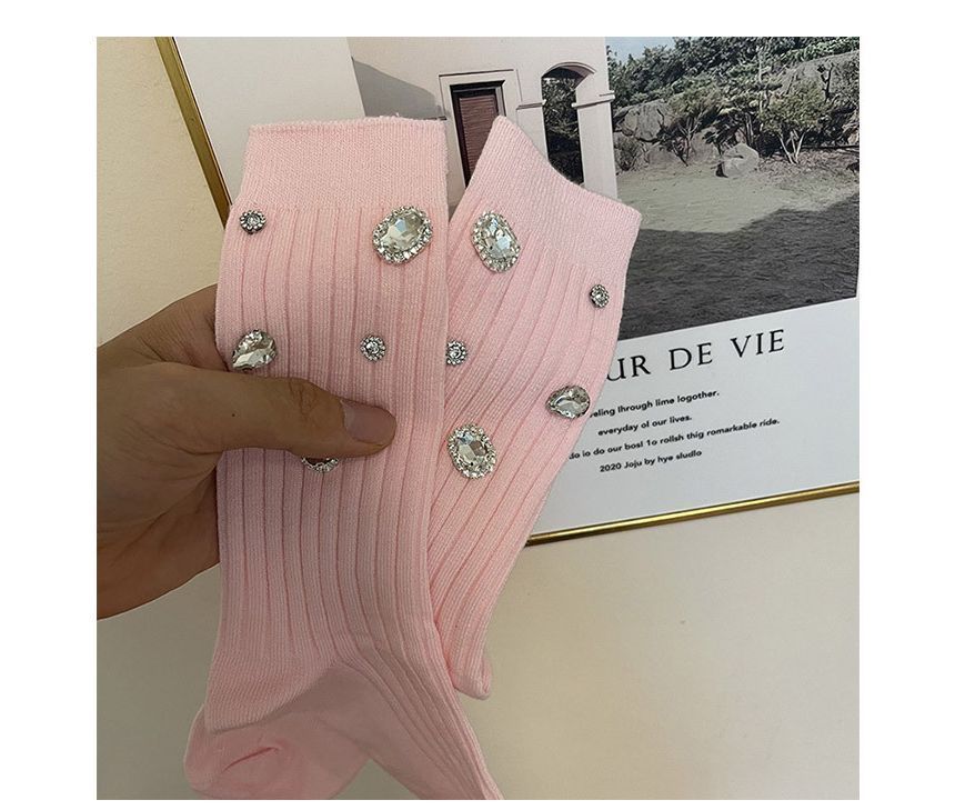 FlorSwallow - Effen geribbelde sokken met strass-steentjes