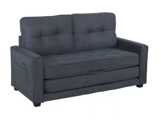 Canapé 2 places convertible en Lin gris - 151x86x75cm - avec poche d'accoudoir - couchage 169x127cm - Matelas 12cm