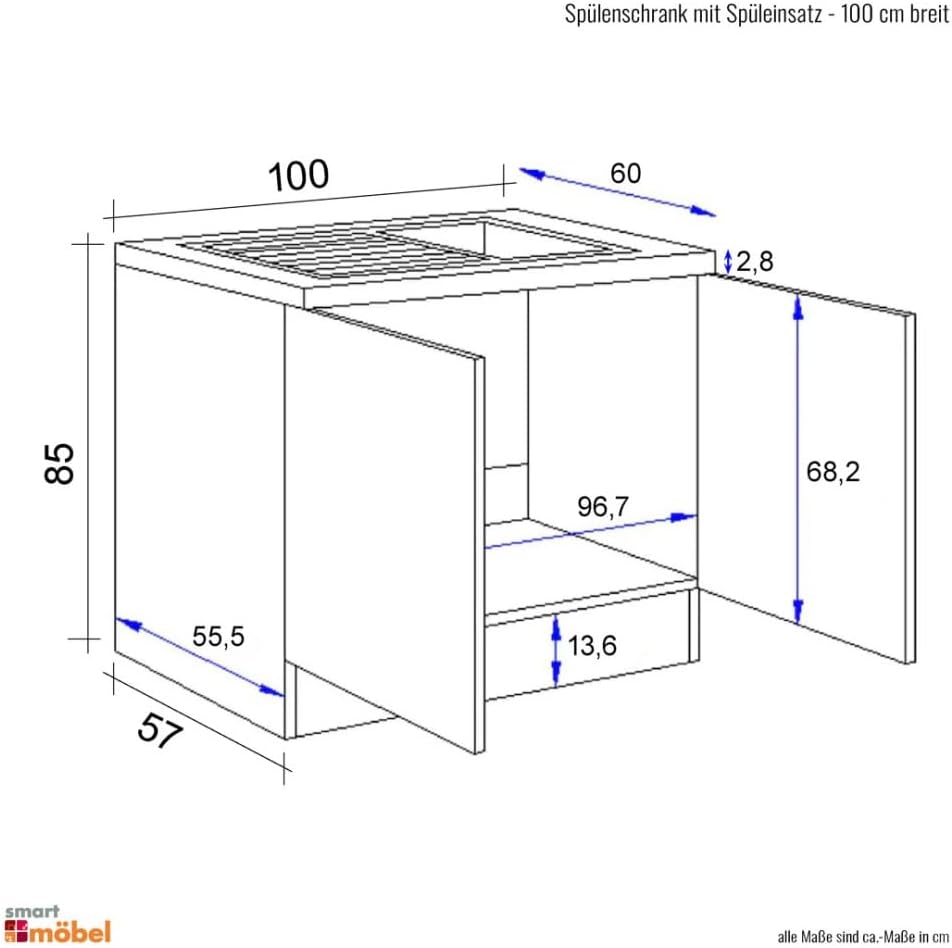 Smart Möbel Spüle mit Unterschrank 100 cm – Weiß – Küchenspüle mit Arbeitsplatte & Edelstahl-Spülbecken – kompakter Spülenunterschrank für Single-Küche oder kleine Küchenzeile