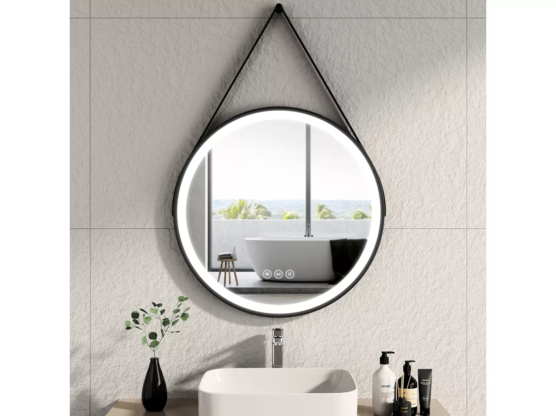 EMKE Miroir lumineux salle de bain rond diamètre 70cm cadre noir, Sangle réglable, Miroir LED, Interrupteur Tactile, Anti-buée, 3 couleurs Lumières