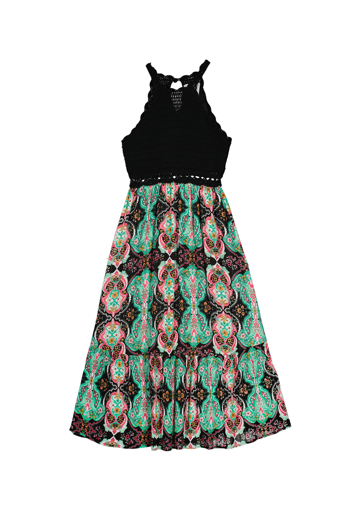 Vestido midi com decote halter e detalhes em bico fino - preto