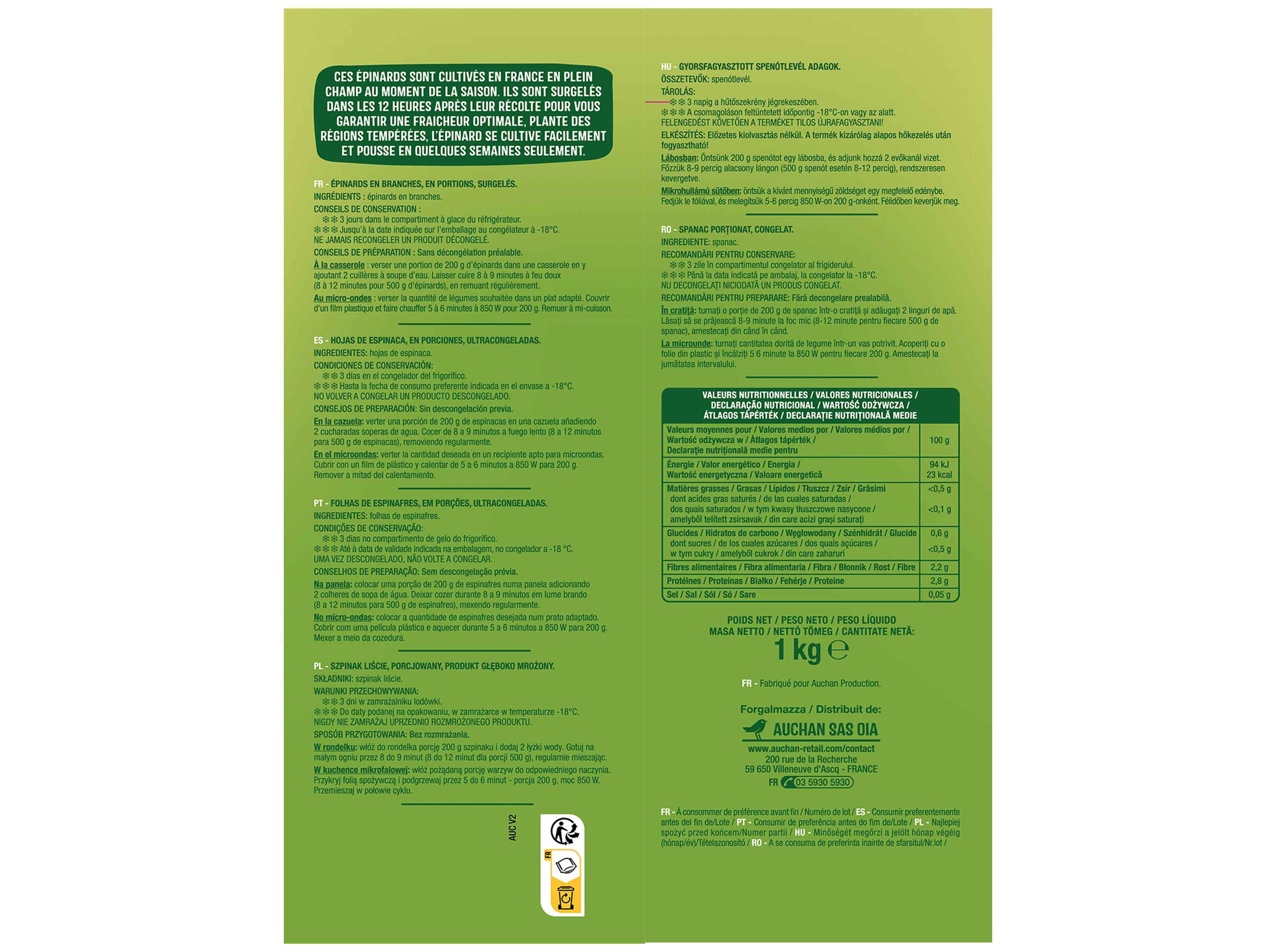 ESPINAFRES AUCHAN FOLHAS PORÇÕES 1KG