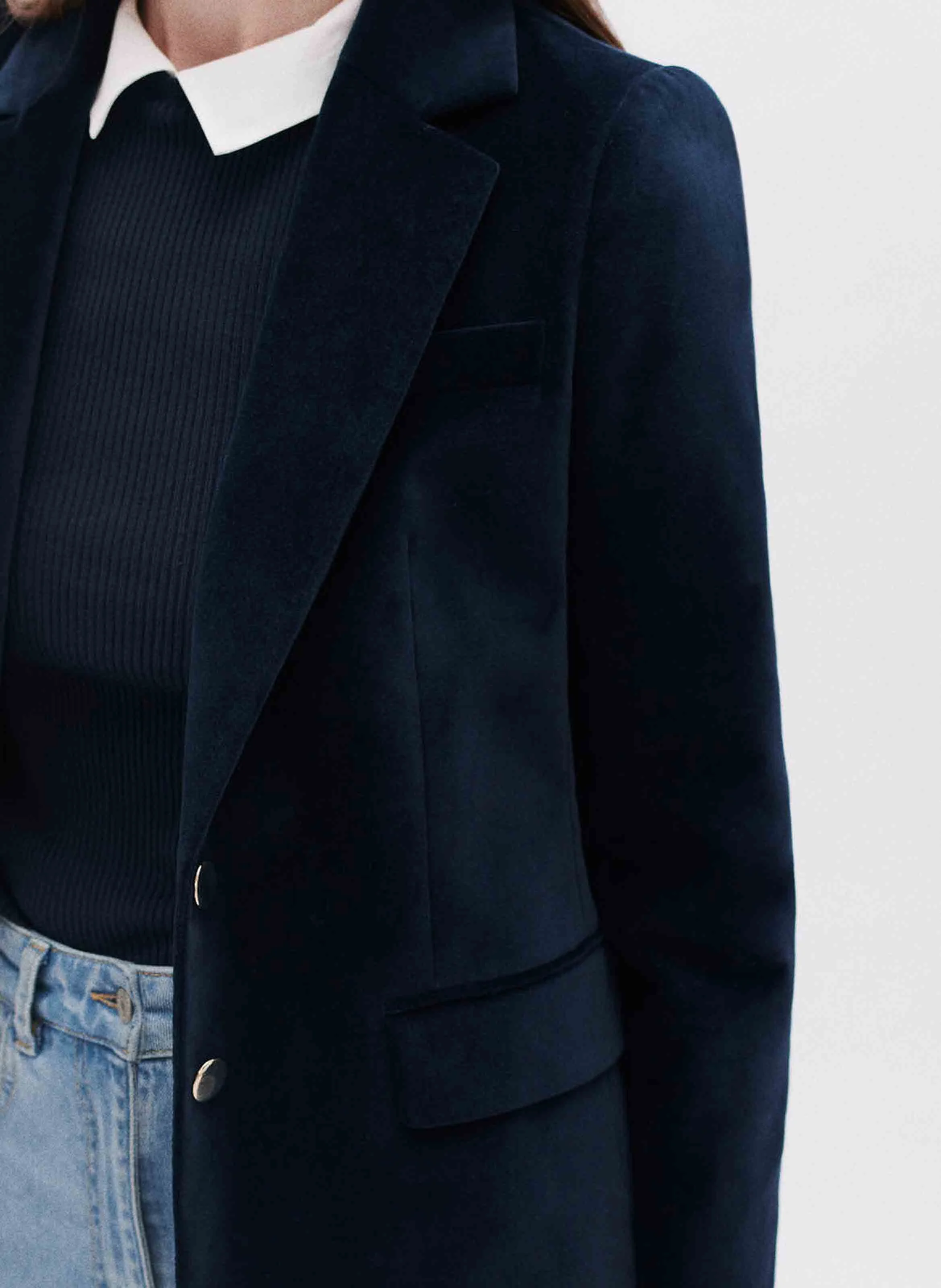 VAMBRE - Veste droite col tailleur en velours de coton | Bleu