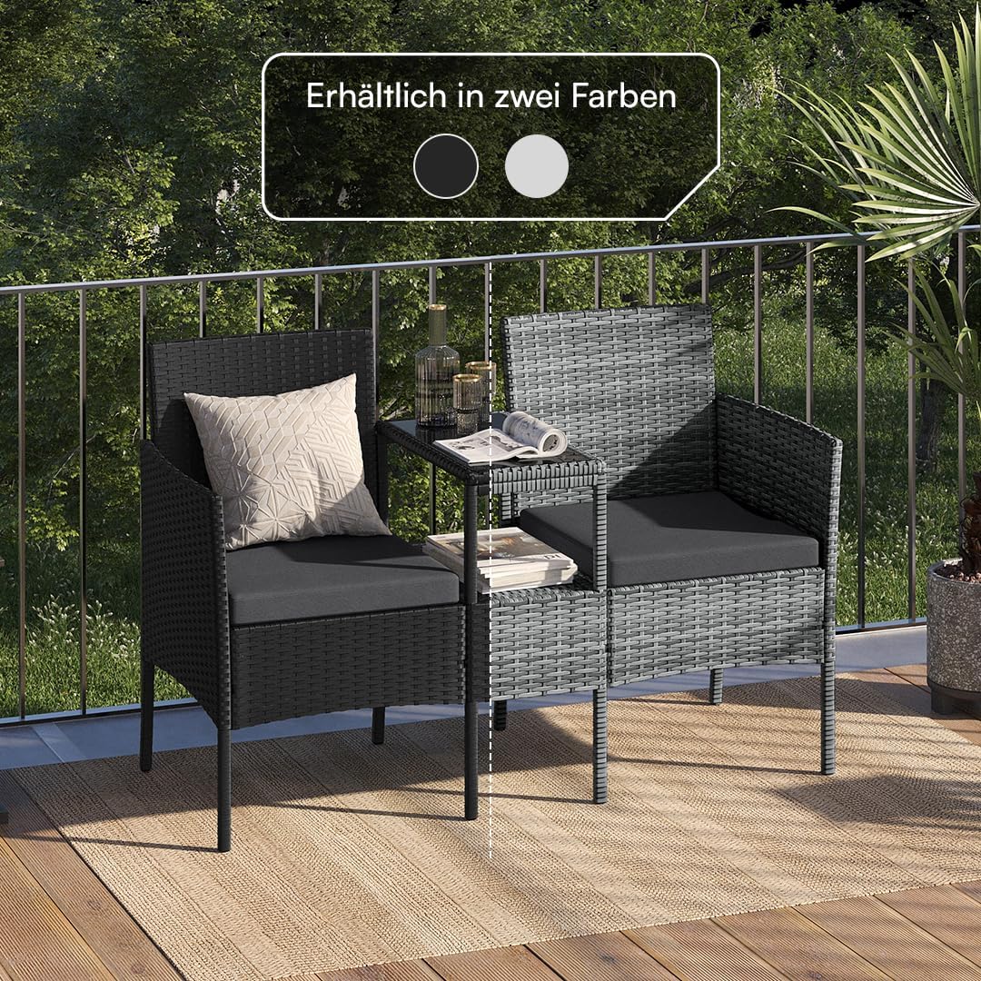 STEELSØN Gartenbank mit Tisch Velara aus Polyrattan, Sitzgruppe für 2 Personen, Balkonmöbel 2er Sofa mit Polster wetterfest, Gartensofa Terrassenmöbel in grau-meliert/anthrazit 81x65x135 cm (HxTxB)
