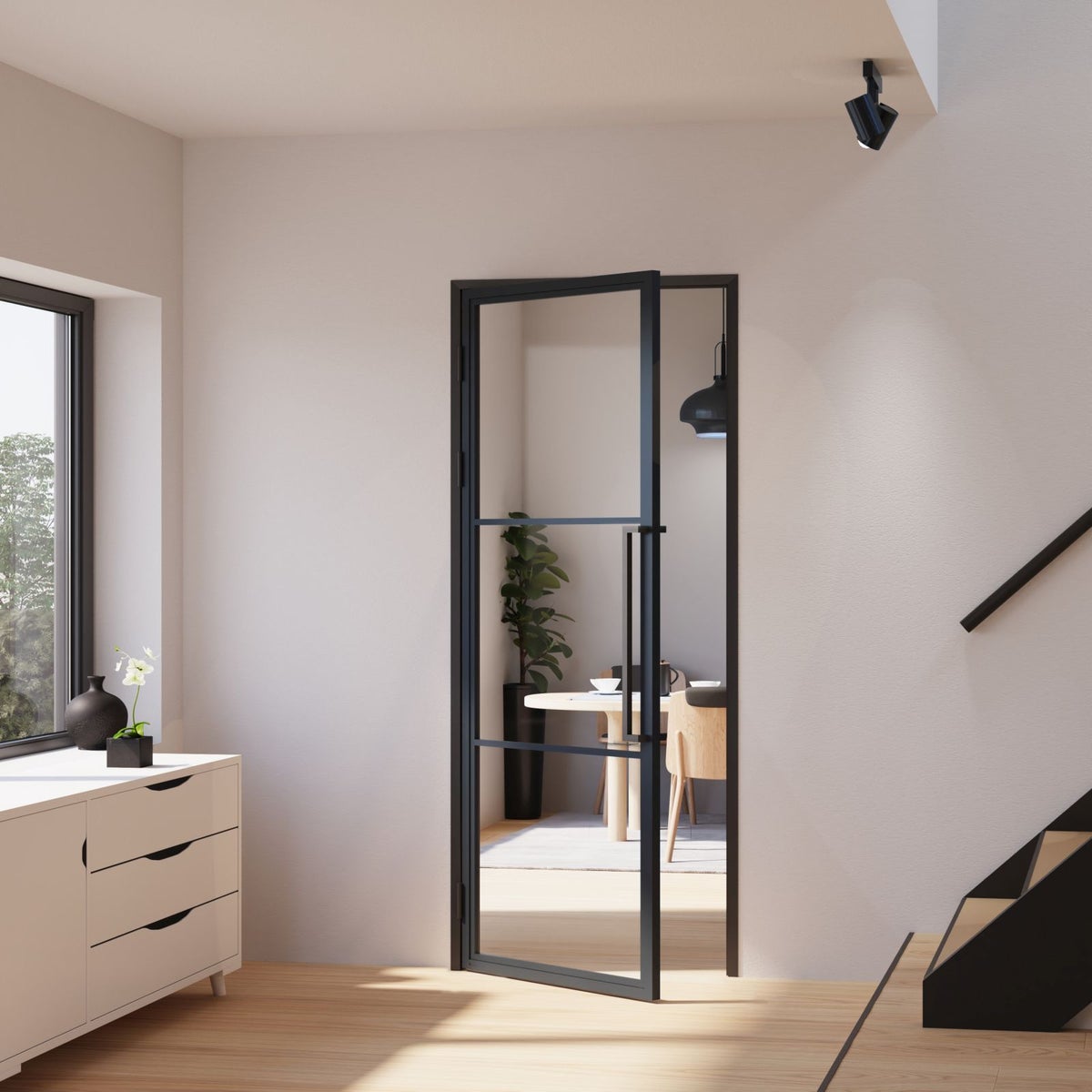 Complete glazen deurset met beslag, loft-stijl, 834x1972mm, DIN links - greeplijst, draaideur