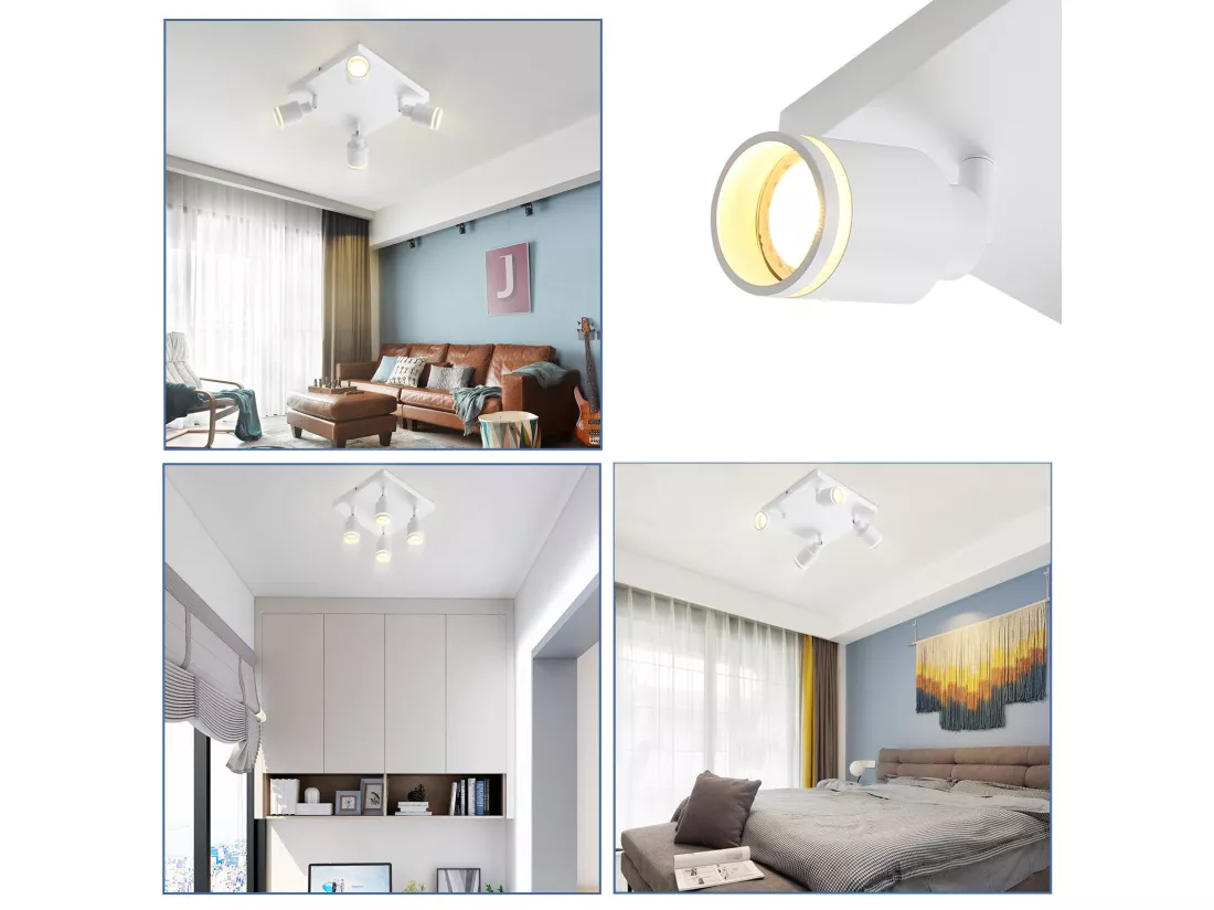 NETTLIFE Plafonnier LED 4 Spots de plafond : modèles carrés plafonnier Blanc Spot mural orientable GU10 intérieur métal, sans ampoule