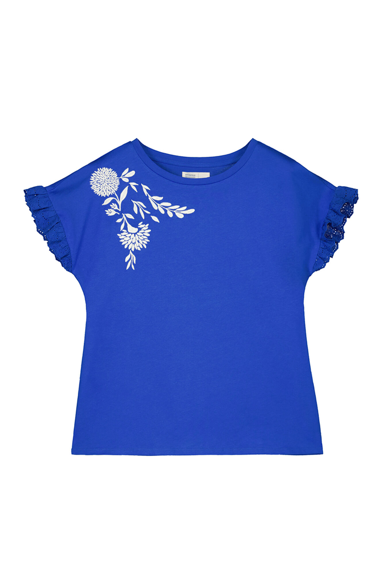 Camiseta com babados e bordado de flores
