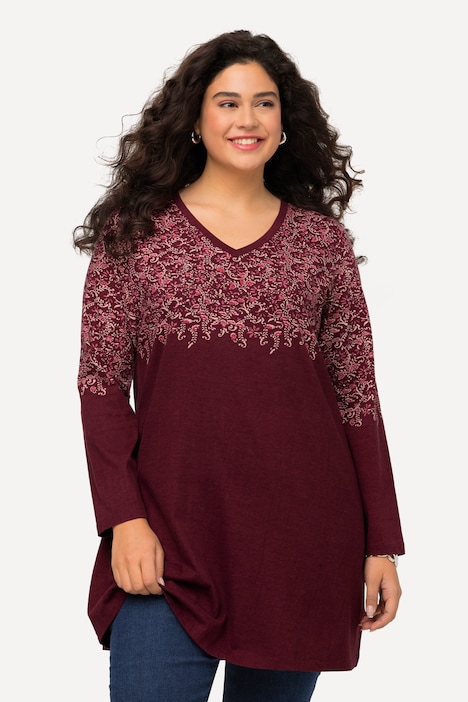 Longshirt, A-Linie, bedruckte Büste, V-Ausschnitt, Langarm