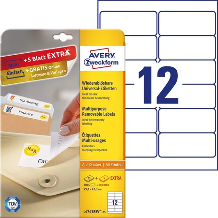 Avery Zweckform L4743REV-25 Universal-Etiketten,A4 99,1 x 42,3 mm, 30 Bogen/360 Etiketten, weiß
