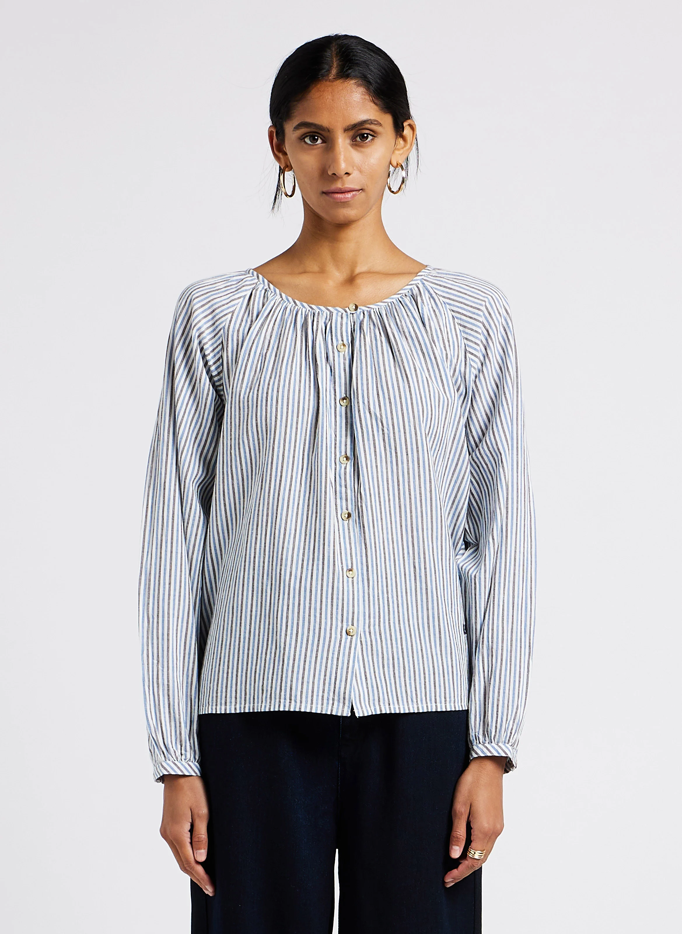 COALIE - Blouse col rond à rayures en coton bio| Bleu