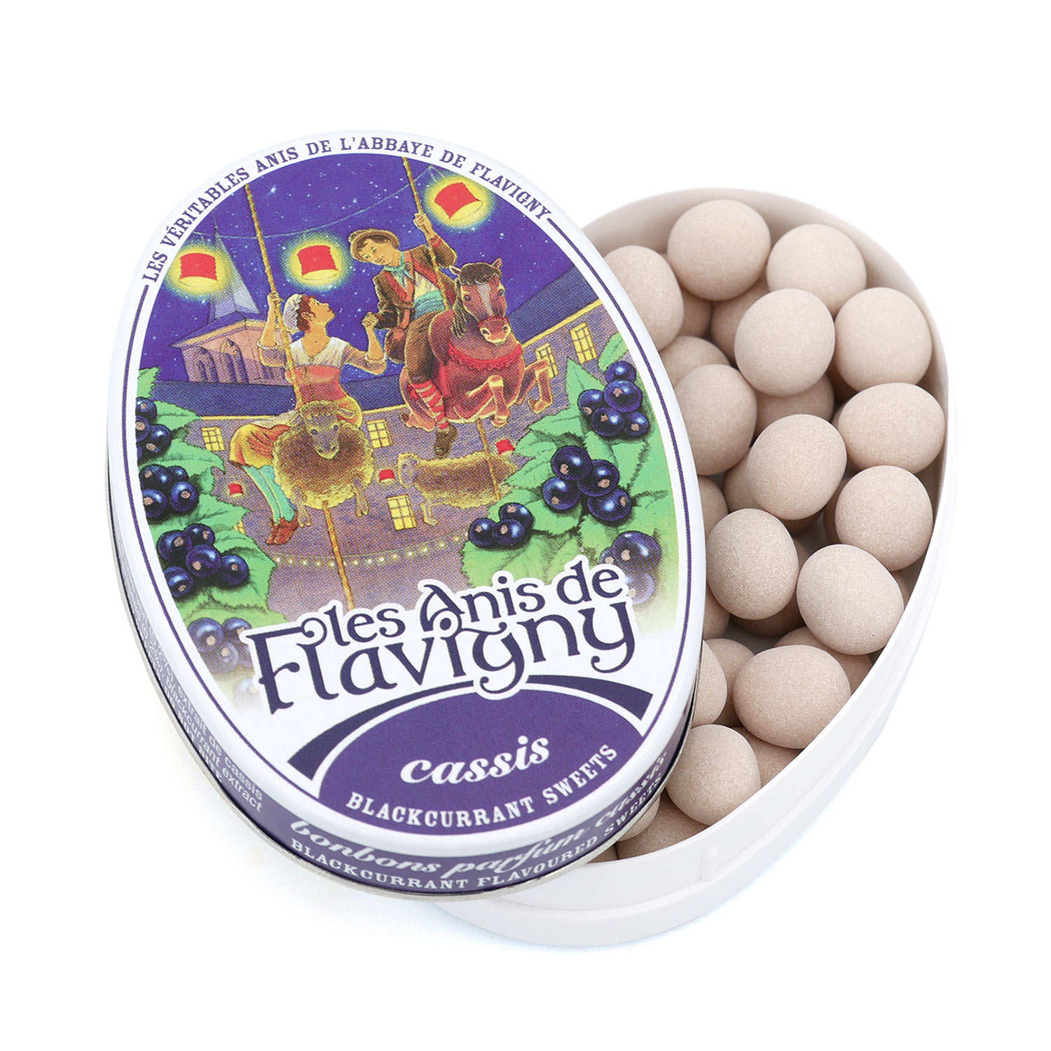 Bonbons à l'anis aromatisés au cassis - Boîte ovale décorée