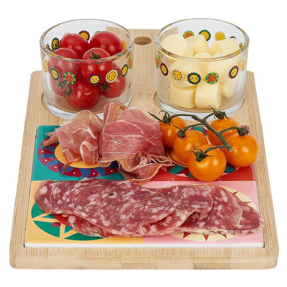 Planche de présentation apéritif bambou avec 2 ramequins 32x17x1cm