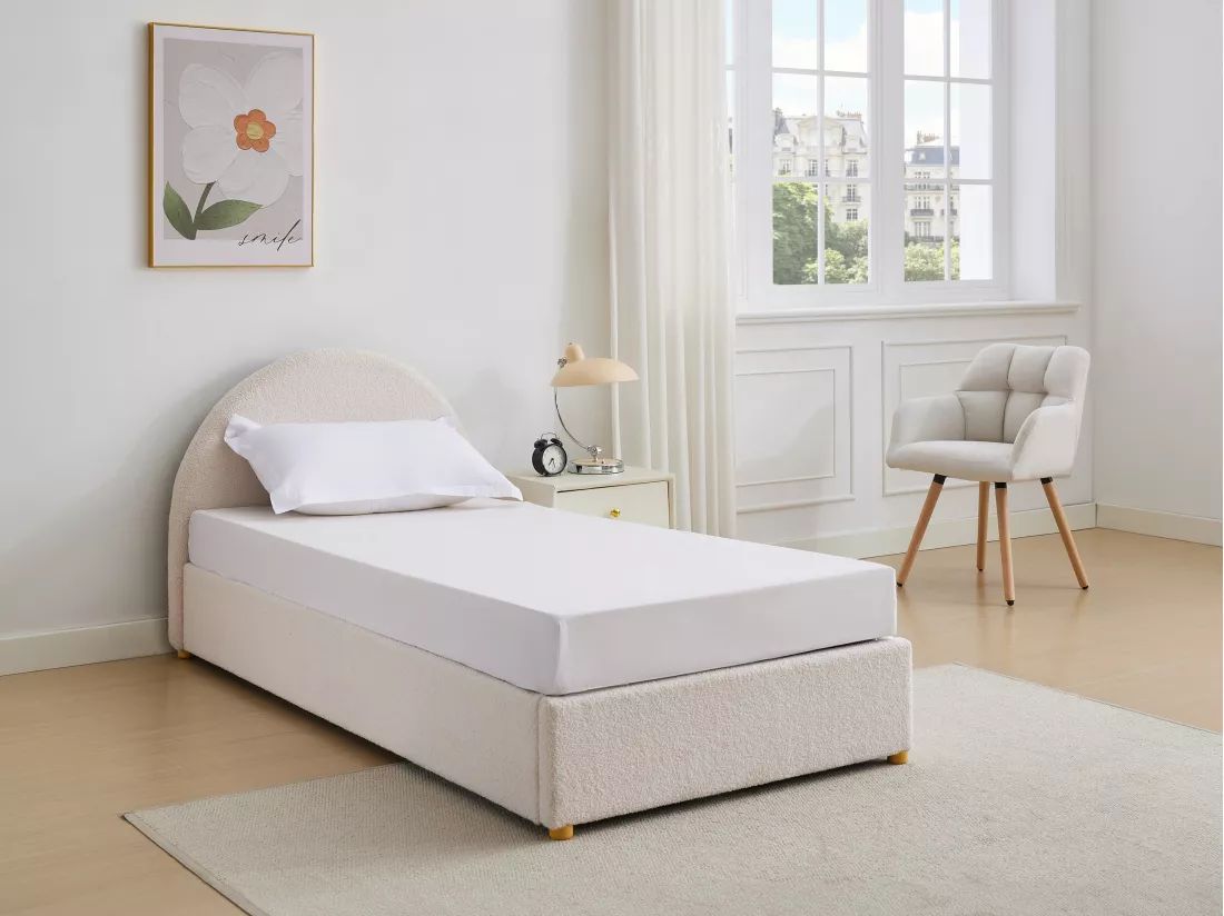 Lit coffre 90 x 190 cm - Tissu bouclette - Crème - LIRIMO