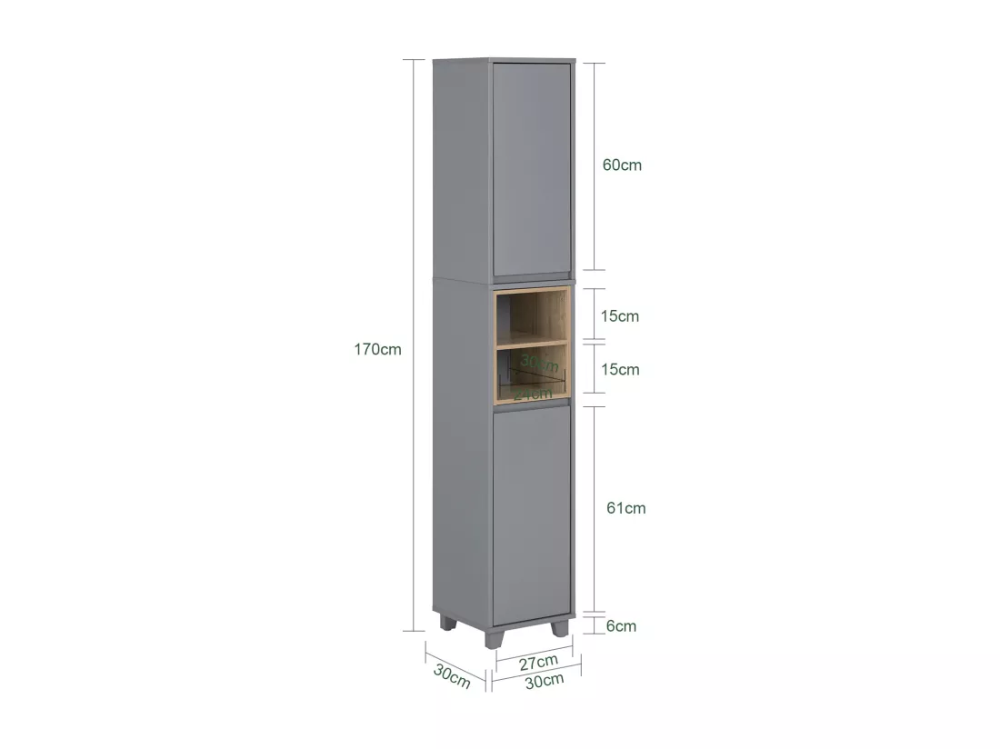 SoBuy BZR147-DG Meuble Colonne Armoire de Salle de Bain Étagère Étroite Meuble de Rangement Salle de Bain avec 2 Portes et 2 Compartiments, 30 x 30 x 170 cm, Gris