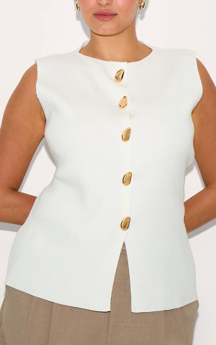 Crème Gilet Grande Taille En Maille Compacte Boutonné