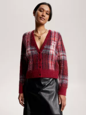 Cardigã xadrez tartan com decote em V