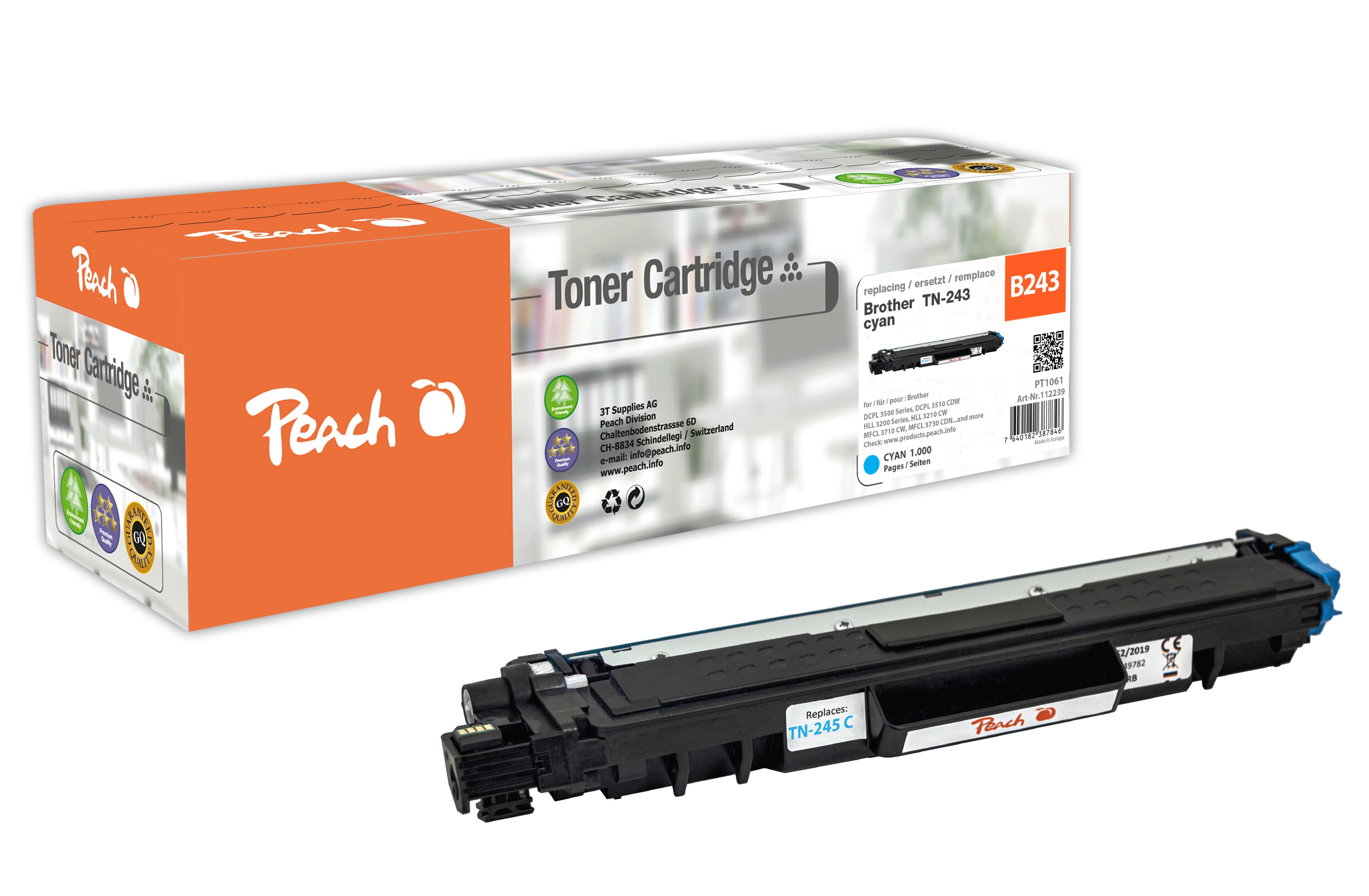 Peach B243 C Toner cy ersetzt Brother TN-243C für z.B. Brother DCPL 3550 CDW, Brother MFCL 3750 CDW, Brother DCPL 3510 CDW, Brother MFCL 3770 CDW (wiederaufbereitet)