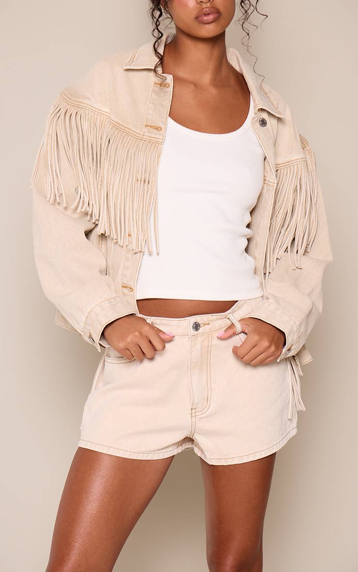 Washed Stone Short En Denim Taille Haute Avec Détail À Franges