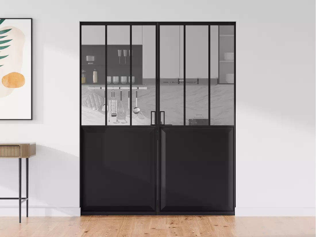 Porte coulissante double atelier avec système à galandage - Noir et verre trempé - 2 x H205 x L93 cm - ARTISTO II