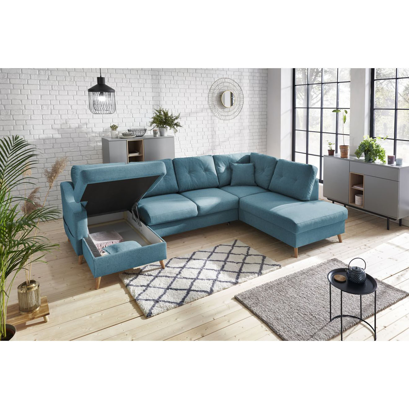 Bobochic Canapé d'angle panoramique convertible gauche Sweden bleu clair - 300x149/90/198x95 cm