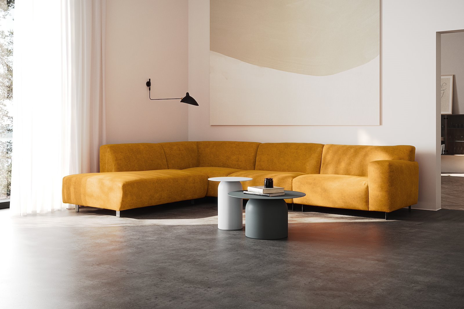 Vesta hjørnesofa 3-seter med åpen ende venstre, Big hjørnemodul, Tekstil Eros Mustard, standardsøm, sort metallben 10 cm, Comfort CM