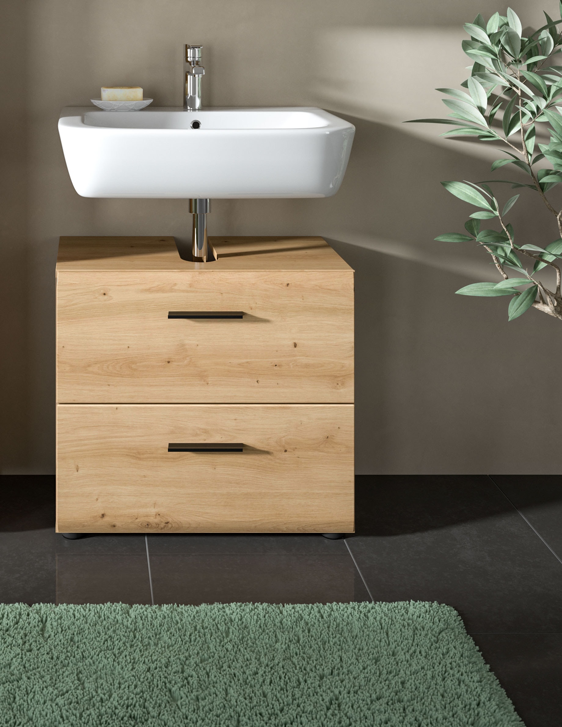 welltime Waschbeckenunterschrank »FLORENZ, TOPSELLER!, Breite 60 cm, 2 Schubkästen,ink. Siphonausschnitt« TOPSELLER!, 1 Stk. tlg. hochwertige MDF Front, Griff schwarz, Badschrank, Bad