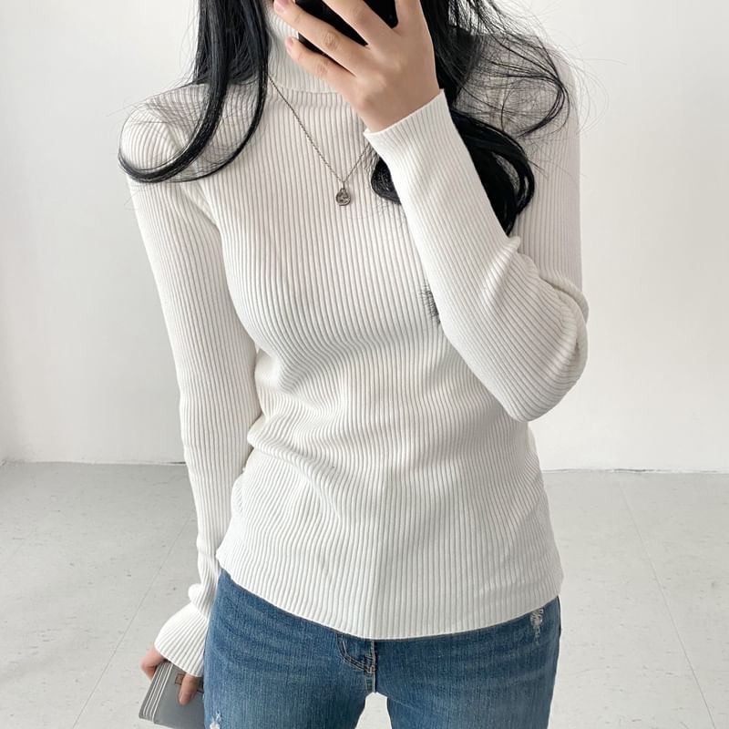 MIKIGA - Lange mouwen coltrui effen geribbelde slim fit gebreide top