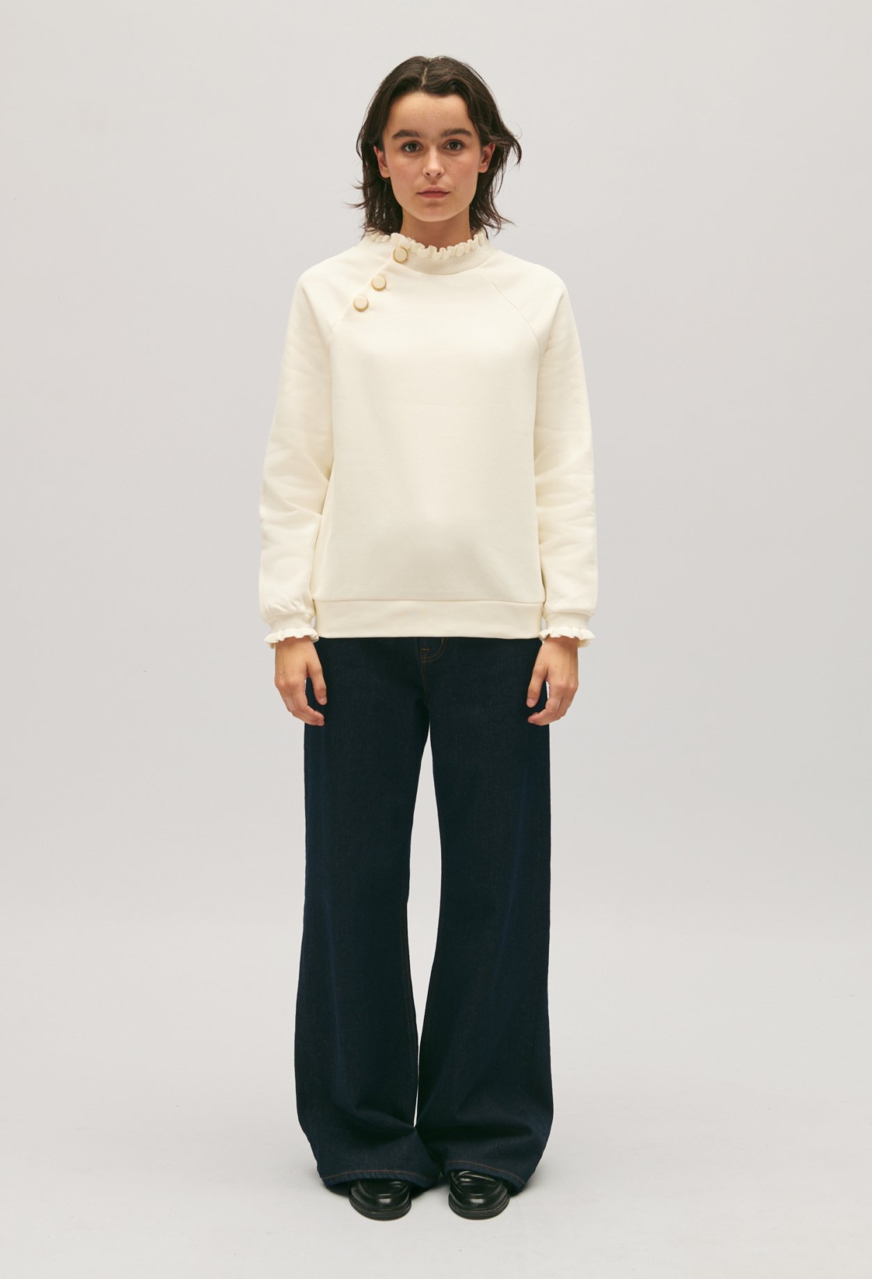 Sweatshirt Tape col boutonne ivoire