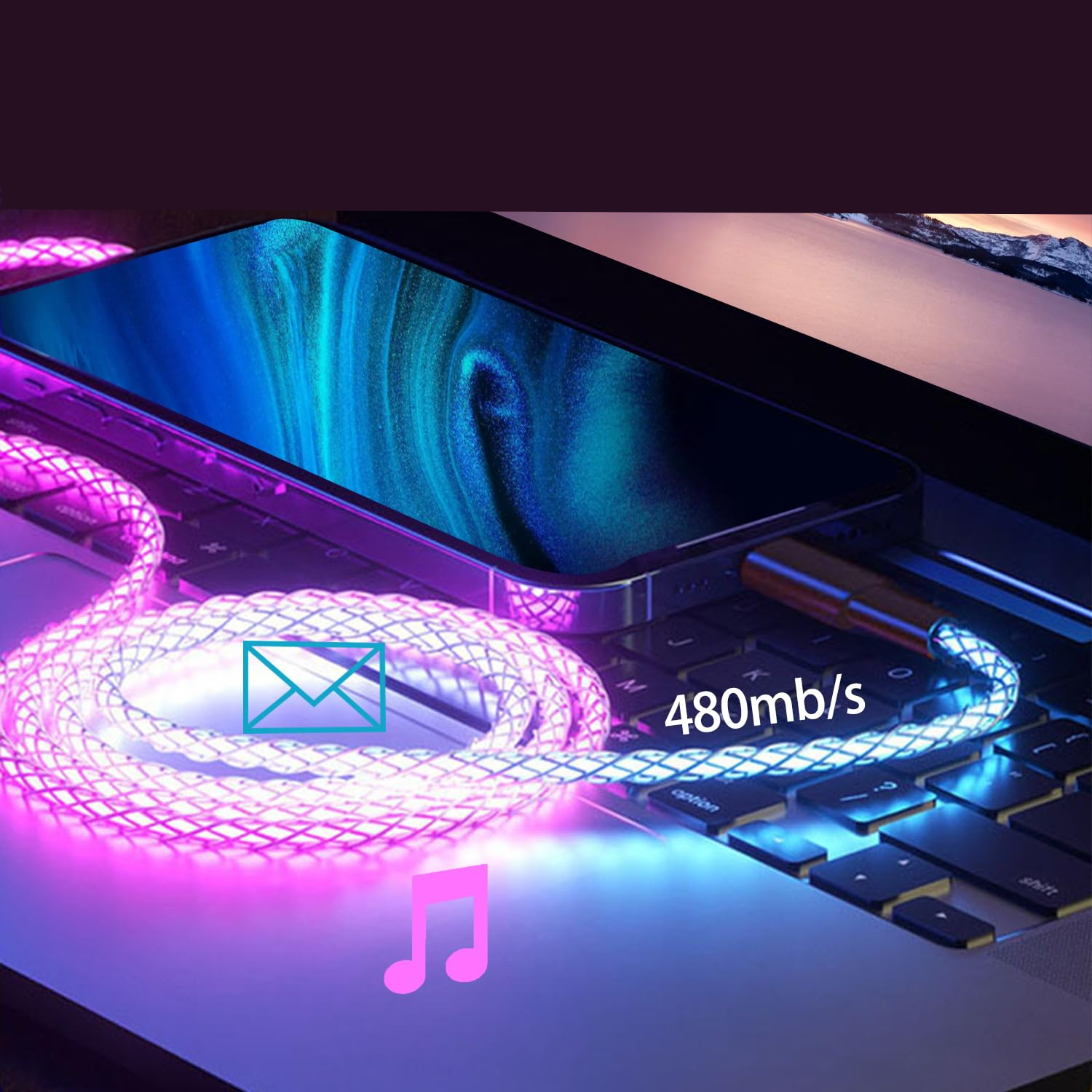 (1m) 60W USB A auf USB C Ladekabel LED Leuchtendes Datenkabel - Bunt